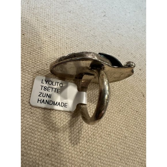 Lyolito Tsette ZUNI Native Sterling Silver CARVED TURQUOISE & CORAL Ring Size 6 - Picture 5 of 12